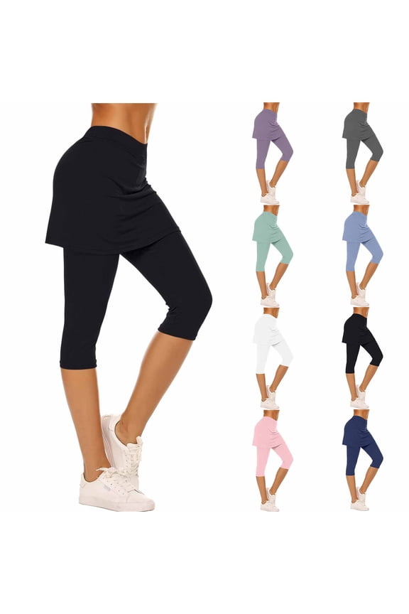 Women's Skirted Capri Leggings High Waisted Tummy Control Built-in Skirt Yoga Workout Running Gym Pants Capris