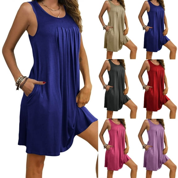Meichang Women's Sleeveless Nightgowns with Pockets Flowy Pleated Front Sleepwear Nightdress Summer Soft Loose Round Neck Sleep Shirts