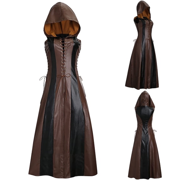 Meichang Women's Sleeveless Steampunk Gothic Dress with Hooded Lace Up Medieval Renaissance Goth Dresses Halloween Cosplay Costume