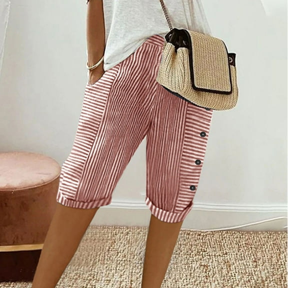 Meichang Women's Striped Linen Shorts Casual Summer Elastic Waist Straight Wide Leg Capris Beach Knee Length Bermuda Shorts with Pockets