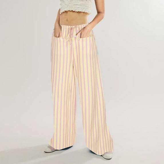 Meichang Women’s Striped Pants Elastic Waisted Drawstring Loose Fit Palazzo Pants Casual Straight Leg Cropped Trousers with Pockets Wide Leg Pants Lounge Pants Pink M