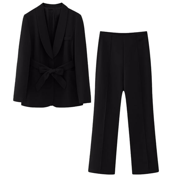 Meichang Women's Suits Formal Slim Fit 2 Piece Long Sleeve Elegant Blazer with Belt Lapel Jacket and Solid Pants for Work Office