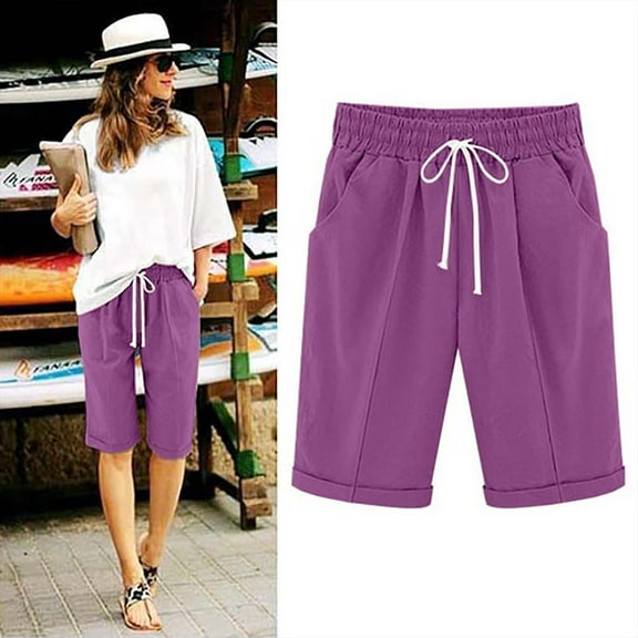 Meichang Women's Summer Bermuda Shorts Knee Length Drawstring Elastic Waist Casual Cotton Linen Shorts Straight Leg Comfy Solid Color Beach Shorts with Pockets