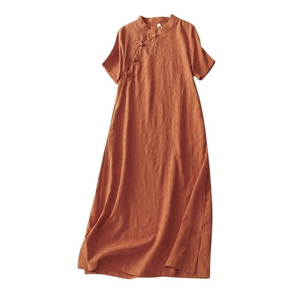 Meichang Women's Summer Casual Dresses Retro Cheongsam Cotton Linen Midi Dresses Solid Short Sleeve Side Slit Dresses Loose Fit Vacation Dresses Red XL