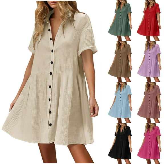 Meichang Women's Summer Dress Cotton Button Down Short Sleeve Collar Tshirt Dresses Casual Flowy Loose Mini Beach Dress