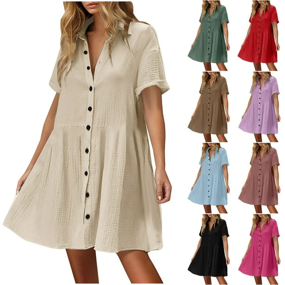 Meichang Women's Summer Dress Cotton Button Down Short Sleeve Collar Tshirt Dresses Casual Flowy Loose Mini Beach Dress