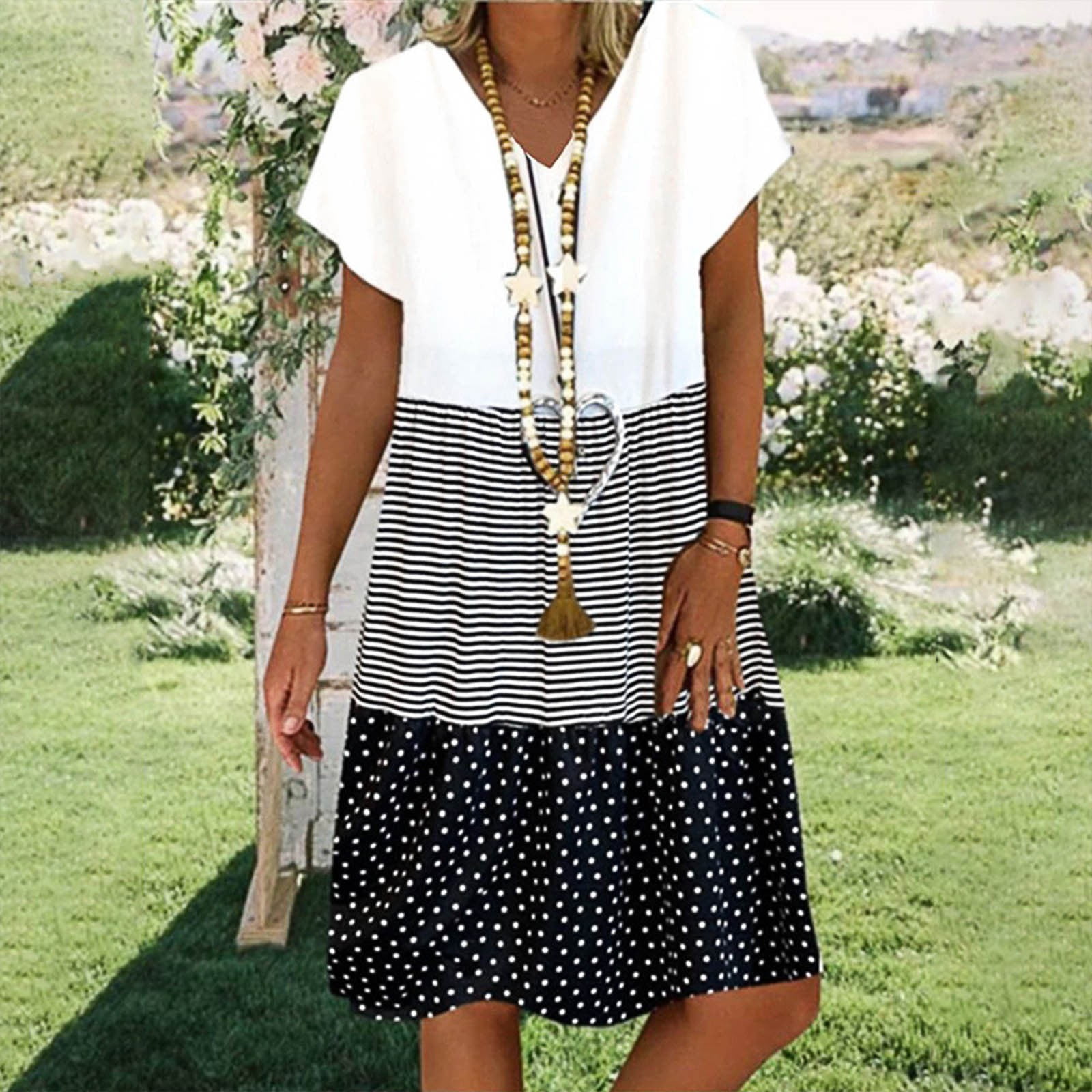 Meichang Women's Boho Summer Dress: Short Sleeve, V Neck, Polka Dot ...