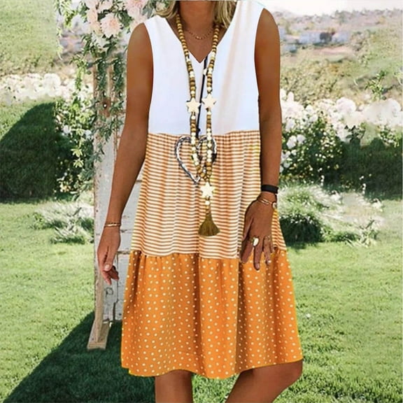 Meichang Women's Summer Dresses V Neck Sleeveless Dresses Stripe Dot Patchwork Print Boho Ruffle Flowy Midi Dresses Tiered Dresses for Women, Vestidos Para Mujer Casuales Yellow XXL