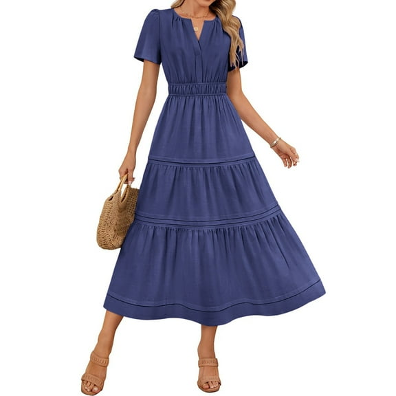 Meichang Women's Summer Midi Dresses Short Sleeve Notch V Neck Pleated Waist A Line Dress Swing Casual Tiered Long Dress Wedding Guest Dresses