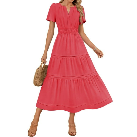 Meichang Women's Summer Midi Dresses Short Sleeve Notch V Neck Pleated Waist A Line Dress Swing Casual Tiered Long Dress Wedding Guest Dresses