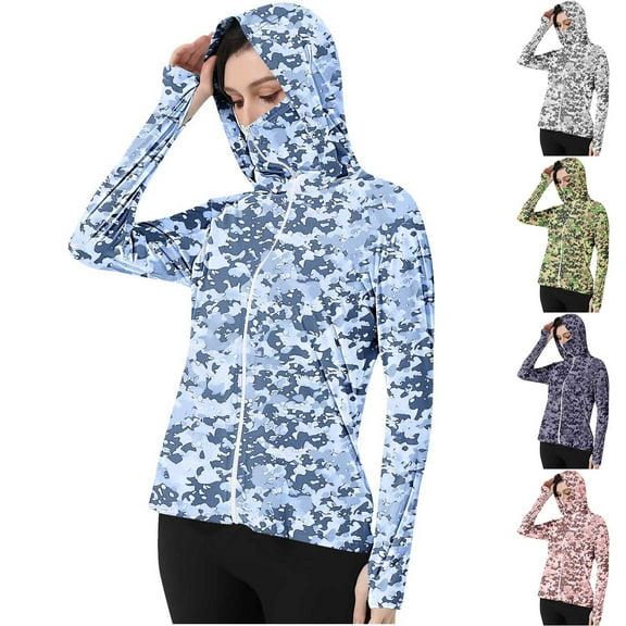 Meichang Women's Sun Protection Hoodie Jacket Lightweight Long Sleeve Thumb Hole Camo Jackets Full Zip Running Athletic Sun Hoodie