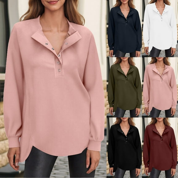 Meichang Women's Sweatshirt Long Sleeve Tunic Henley Tops Loose Slit Casual Button Shirts Pullover Quarter Button Sweatshirt Fall Fashion