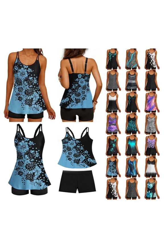 Women's Tankini Swimsuits 2 Piece Floral Print Modest Swim Tops with Boyshorts Flowy Bathing Suits Tummy Control High Waist Conservative Swimwear Tankini Swimsuit