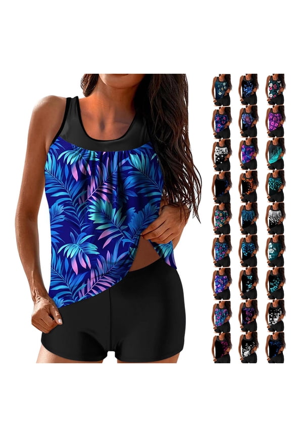 Women's Tankini Swimsuits Floral Print Swim Tops with Boyshorts 2 Piece Bathing Suits Tummy Control High Waist High Waisted Conservative Swimwear