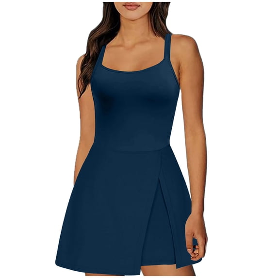 Meichang Women's Tennis Golf Dresses with Built in Shorts Sleeveless Scoop Neck Backless Workout Athletic Dresses Solid Side Slit Short Jumpsuits Mini Dresses Navy XXL