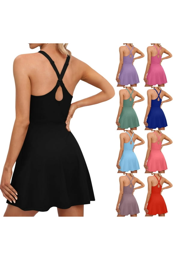 Meichang Women's Tennis Golf Dresses with Built in Shorts Sleeveless Scoop Neck Backless Workout Athletic Dresses Solid Side Slit Short Jumpsuits Mini Dresses Navy XL