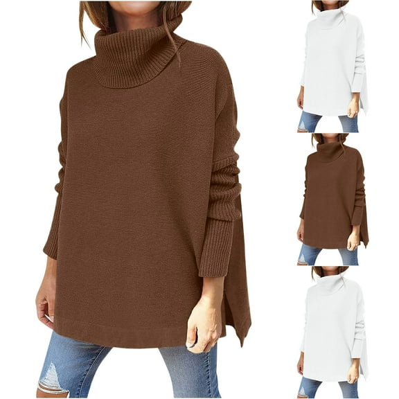 Meichang Women's Turtleneck Oversized Sweaters Fall Batwing Sleeve Knit Pullover Trendy Side Slit Hem Loose Fit Chunky Tunic Sweater