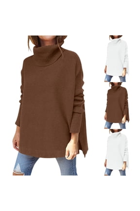 Women's Turtleneck Oversized Sweaters Fall Batwing Sleeve Knit Pullover Trendy Side Slit Hem Loose Fit Chunky Tunic Sweater