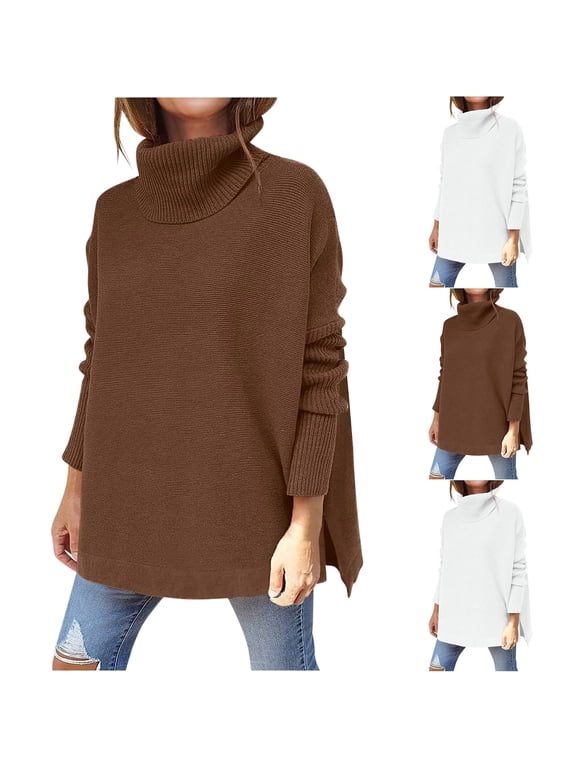 Women's Turtleneck Oversized Sweaters Fall Batwing Sleeve Knit Pullover Trendy Side Slit Hem Loose Fit Chunky Tunic Sweater