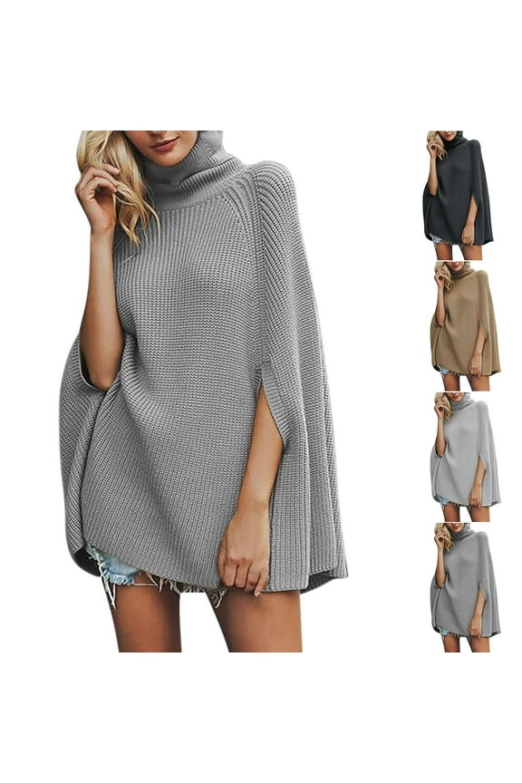 Women's Turtleneck Poncho Sweater Fall Winter Fashion Chunky Knit Cape Wrap Sweaters Pullover Jumper Tops