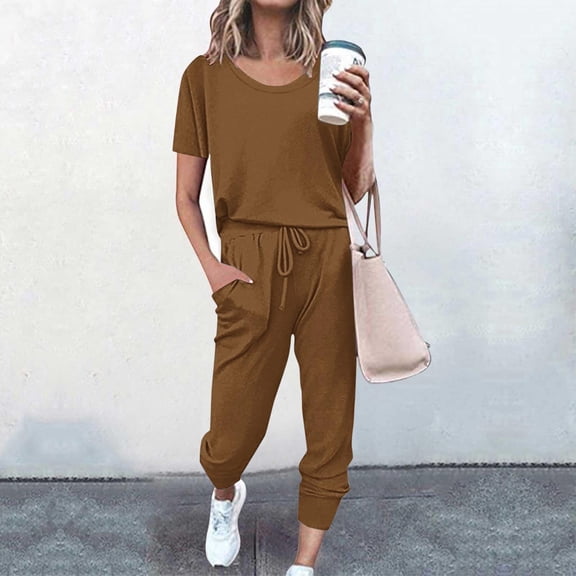 Meichang Women's Two Piece Outfit Crew Neck Short Sleeve Shirts with Drawstring Waisted Jogger Pants Solid Color Tracksuit Sets with Pockets