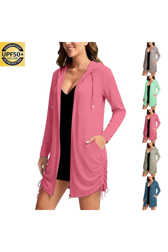 Women's UPF 50+ Swim Cover Up Sun Protection Zip Hoodie Long Jacket Lightweight Quick Dry Long Sleeve Two Side Drawstring Surfing Swimsuit SPF Zipper Hooded Shirts