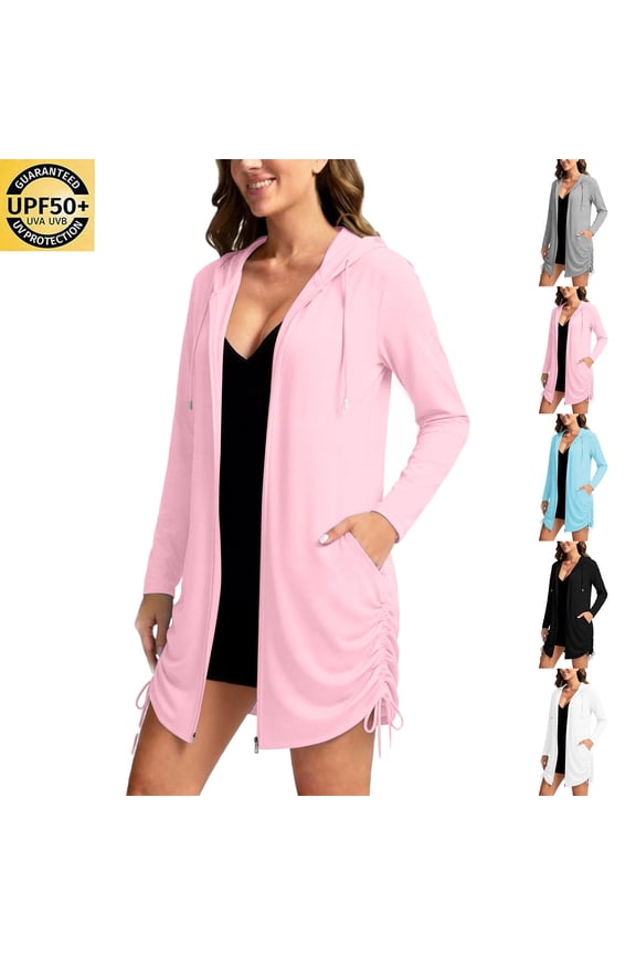 Women's UPF 50+ Swim Cover Up Sun Protection Zip Hoodie Long Jacket Lightweight Quick Dry Long Sleeve Two Side Drawstring Surfing Swimsuit SPF Zipper Hooded Shirts