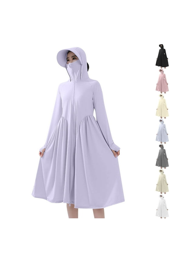 Women's UPF 50+ Swim Cover Up Sun Protection Hoodie Long Jacket Lightweight Long Sleeve Zipper Sun Hoodie Dress for Hiking Outdoor