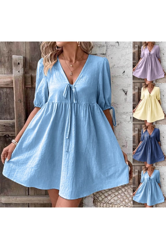 Women's V Neck Mini Dresses Short Sleeve Tie A-Line Babydoll Dresses Summer Loose Fit Party Dress Casual Beach Vacation Dress