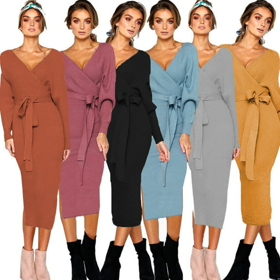 Meichang Women's V Neck Wrap Sweater Dress Long Sleeve Bodycon Knit Sweater Dresses with Belt Slim Fit Fall Winter Cocktail Party Sweater Dress