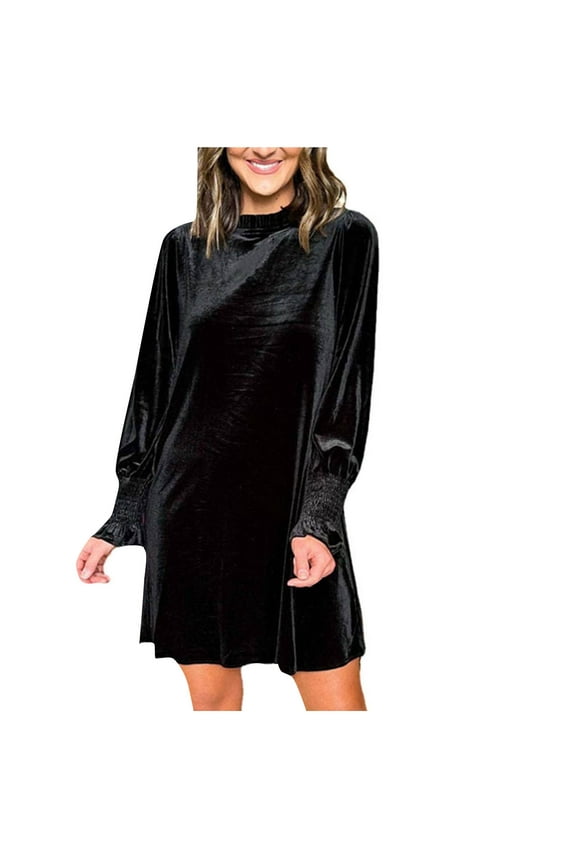 Meichang Women's Velvet Mini Dress High Neck Long Sleeve Wedding Guest Dresses Flowy Swing formal Party Cocktail Dresses
