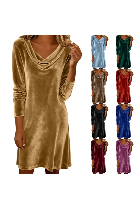 Women’s Velvet Mini Dress Long Sleeve Cowl Neck Formal Holiday Party Dress Wedding Guest Evening Cocktail Gown Mother of The Bride Dresses