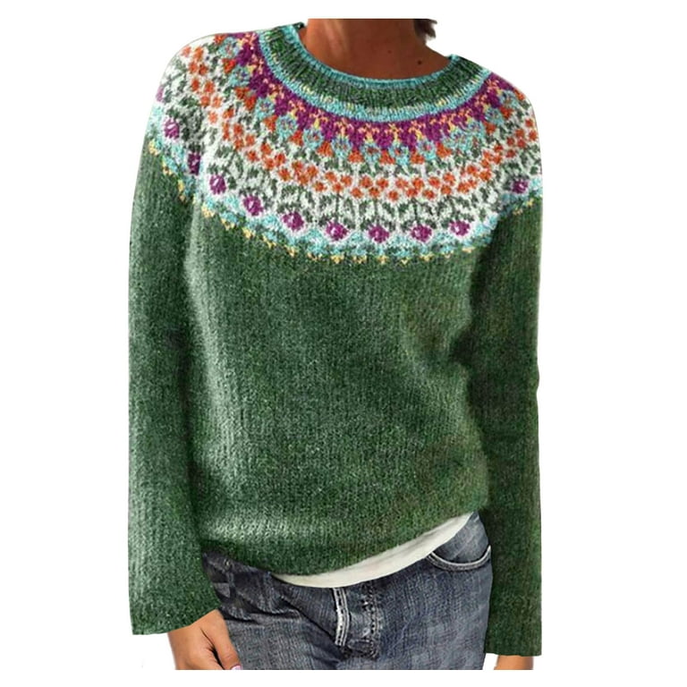 Meichang Women's Vintage Fair Isle Sweaters Long Sleeve Causal