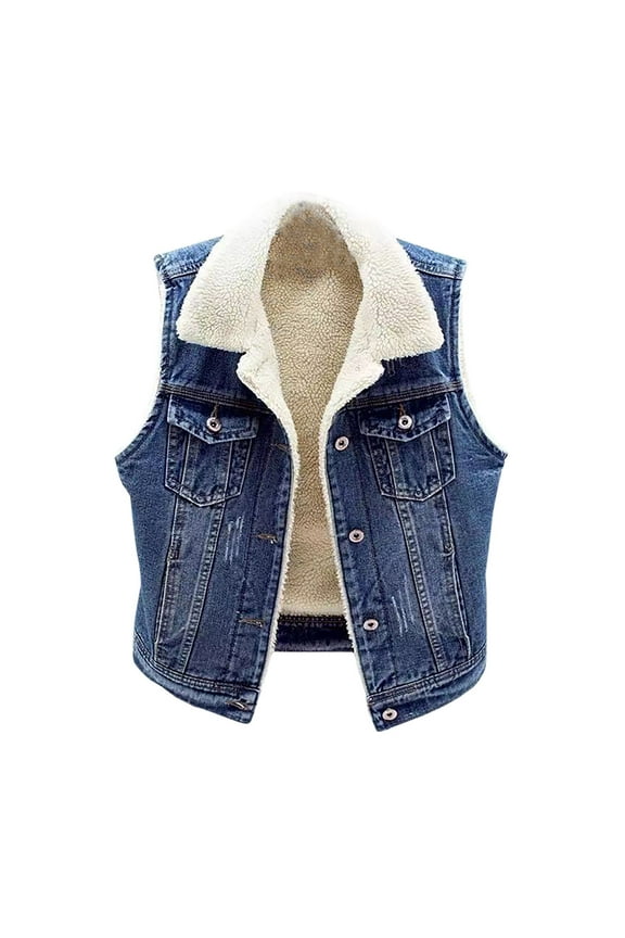 Women's Warm Denim Vest Thickened Fleece Lined Loose Casual Outerwear Ladies Soft Jackets Fall Winter Fashion 2024 Sleeveless Lapel Pockets Plush Jacket