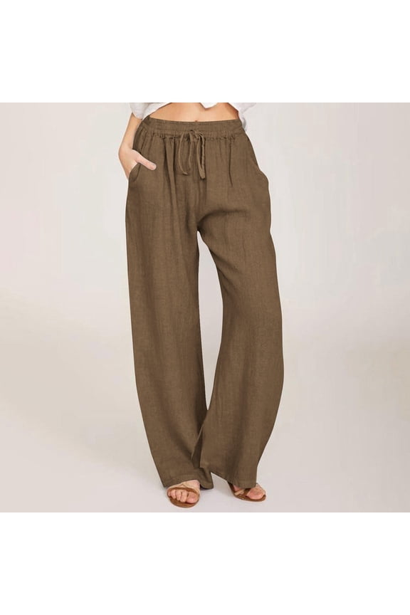 Women's Wide Leg Lounge Pants Elastic High Waist Drawstring Solid Casual Trousers Baggy Lightweights Long Pants with PocketsBrownXL