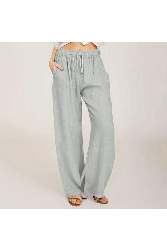 Women's Wide Leg Lounge Pants Elastic High Waist Drawstring Solid Casual Trousers Baggy Lightweights Long Pants with PocketsGrayXXL