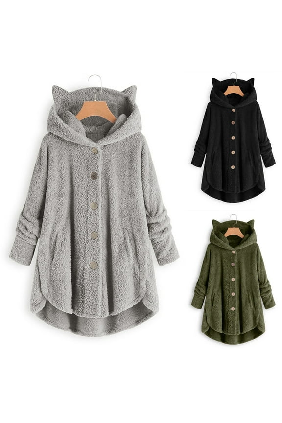 Women's Winter Coat with Ear Hooded Fuzzy Fleece Jacket Long Sleeve Button Down Cardigan Outerwear Plus Size Loose Soft Warm Jacket with Pockets