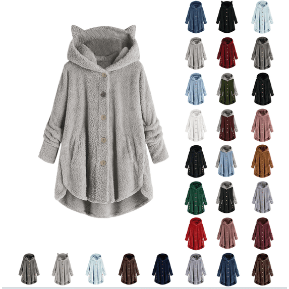 Meichang Women's Winter Coat with Ear Hooded Fuzzy Fleece Jacket Long Sleeve Button Down Cardigan Outerwear Plus Size Loose Soft Warm Jacket with Pockets