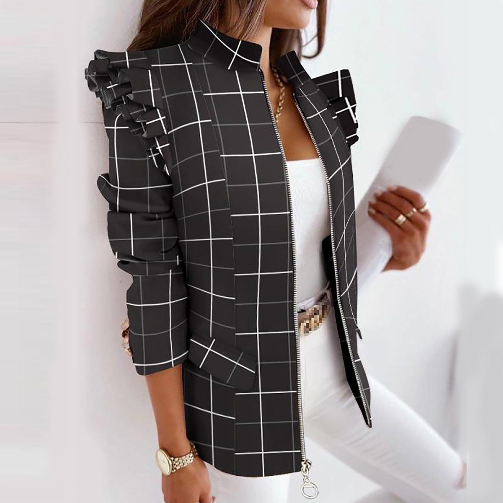 Meichang Women's Zip Up Blazer Ruffle Long Sleeve Coat Turtle Neck Outwear  Trendy Plaid Blazer Jacket Office Cover Up 
