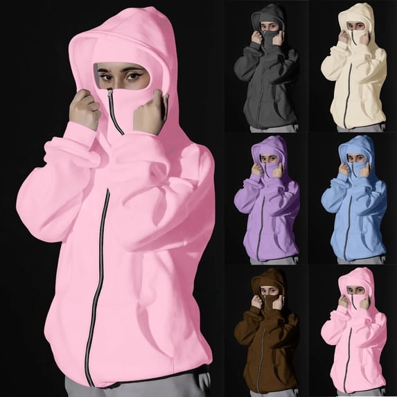 Meichang Women's Zip Up Hoodie with Face Mask Built in Balaclava Winter Outdoor Sport Ski Mask Balaclava Hoodies for Women Pink XL