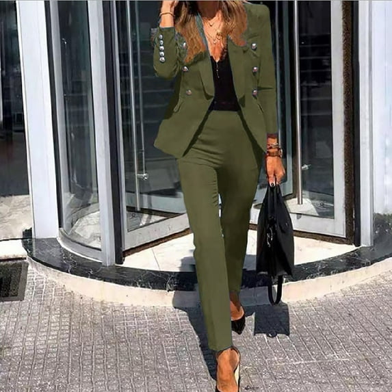 Meichang Womens 2 PCs Blazer Outfit Dressy Long Sleeve Open Front Blazer And Slimming Pants Trendy Solid Color Work Suits Set