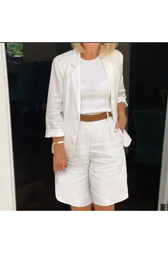 Meichang Womens 2 Piece Blazer Outfits Business Casual Lapels Open Front Long Sleeve Suit Jacket and Bermuda Shorts Set