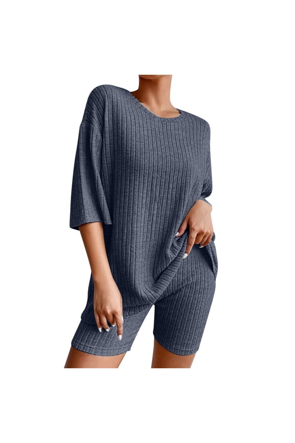 Meichang Womens 2 Piece Sets Summer Outfits 2025 Two Piece Lounge Sets Oversized Tshirts Biker Shorts Solid Ribbed Knitted Matching Sets