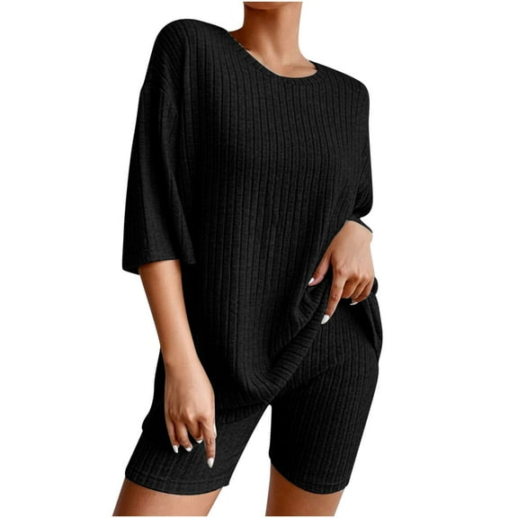 Meichang Womens 2 Piece Sets Summer Outfits 2025 Two Piece Lounge Sets Oversized Tshirts Biker Shorts Solid Ribbed Knitted Matching Sets