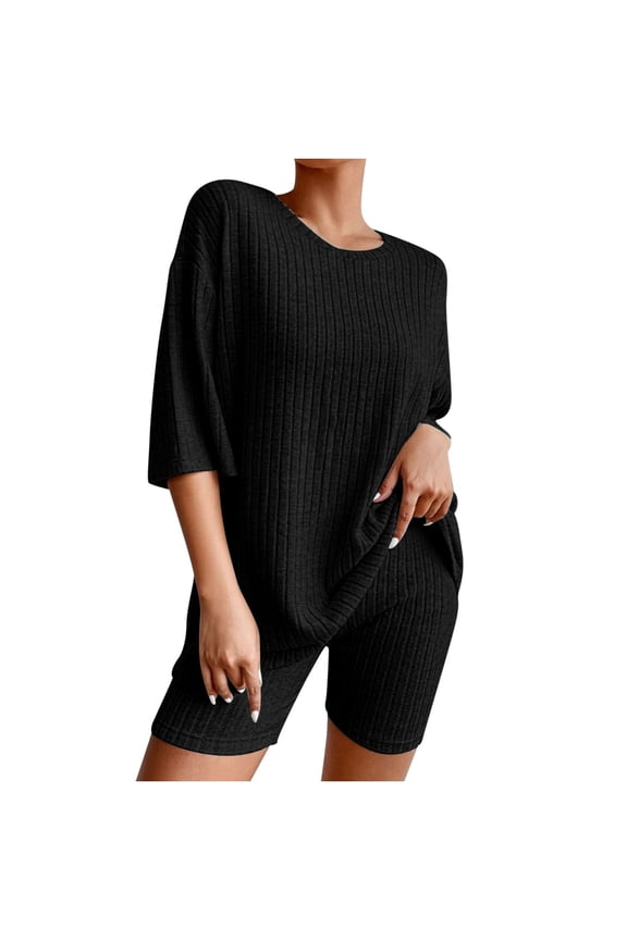 Meichang Womens 2 Piece Sets Summer Outfits 2025 Two Piece Lounge Sets Oversized Tshirts Biker Shorts Solid Ribbed Knitted Matching Sets