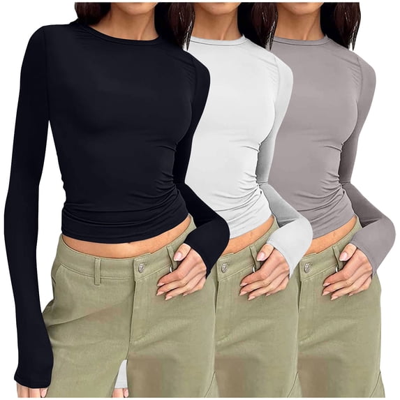 Meichang Womens 3 Pack Long Sleeve Shirts Basic Crop Tops Casual Boat Neck Slim Fit Y2K Blouses Going Out Workout Tops Gray XS