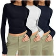 thumbnail image 1 of Meichang Womens 3 Pack Long Sleeve Shirts Basic Crop Tops Casual Boat Neck Slim Fit Y2K Blouses Going Out Workout Tops Navy L, 1 of 4