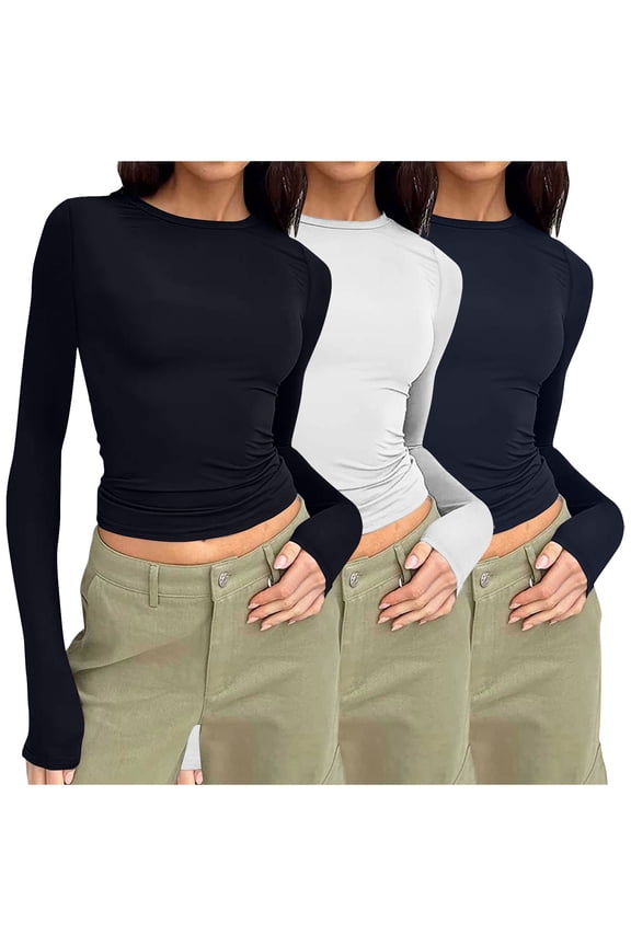 Womens 3 Pack Long Sleeve Shirts Basic Crop Tops Casual Boat Neck Slim Fit Y2K Blouses Going Out Workout Tops Navy XS