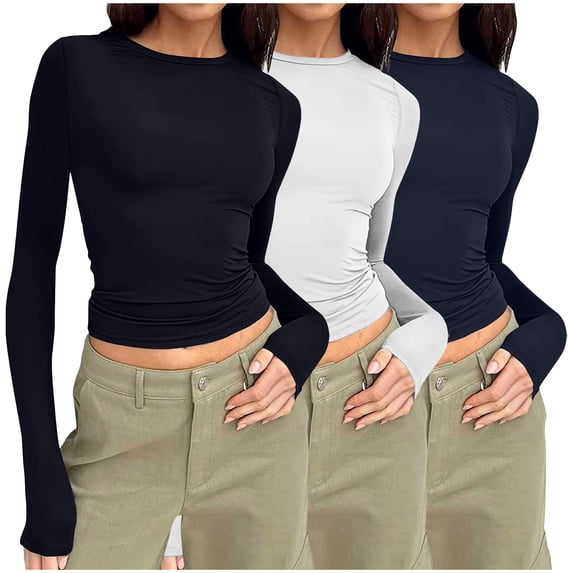 Meichang Womens 3 Pack Long Sleeve Shirts Basic Crop Tops Casual Boat Neck Slim Fit Y2K Blouses Going Out Workout Tops Navy XS