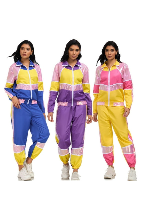 Womens 80s Tracksuit 90s Retro Hip Hop Windbreaker Women Tracksuit Sets Colorblock One Piece Outfits Set